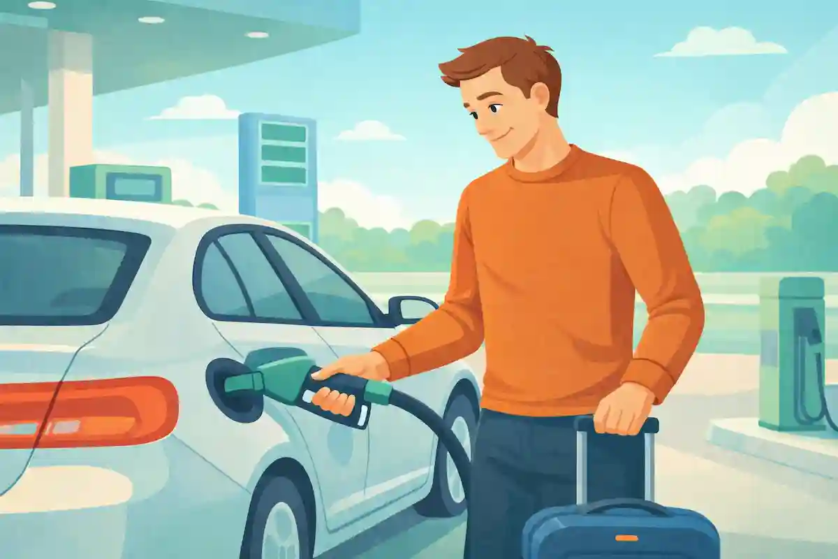 Person tanker biludlejning på tankstation