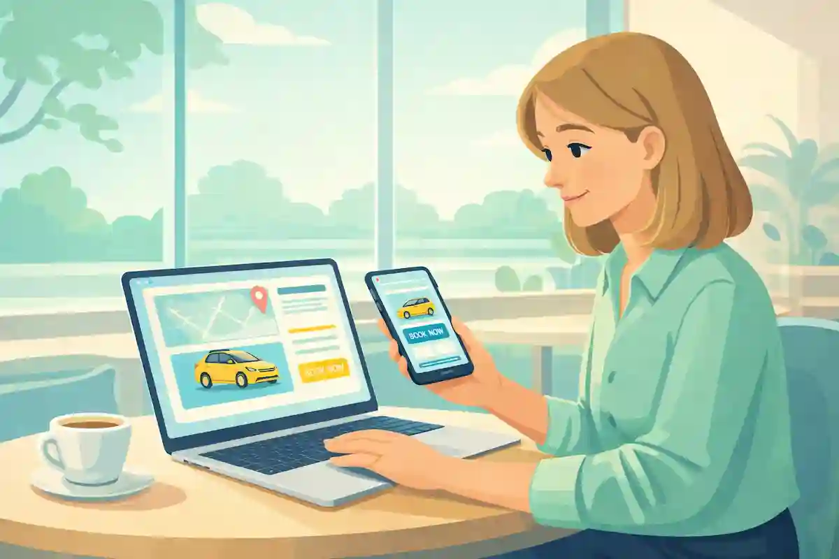 Woman booking rental car online at café