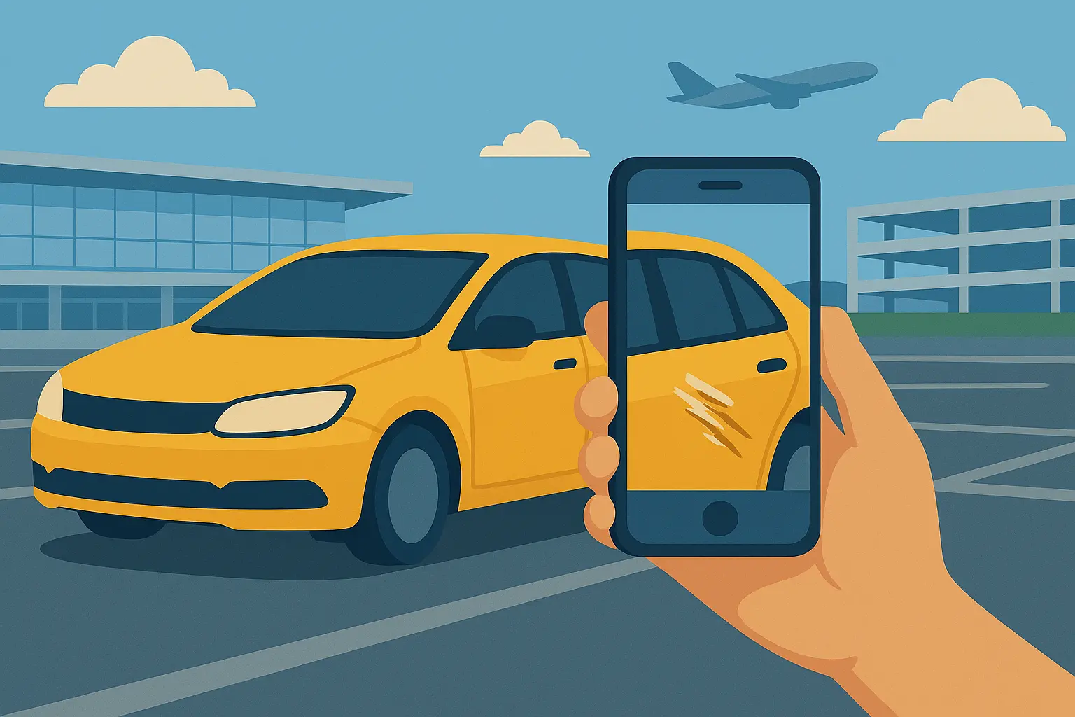 Person photographing rental car with phone to document damage