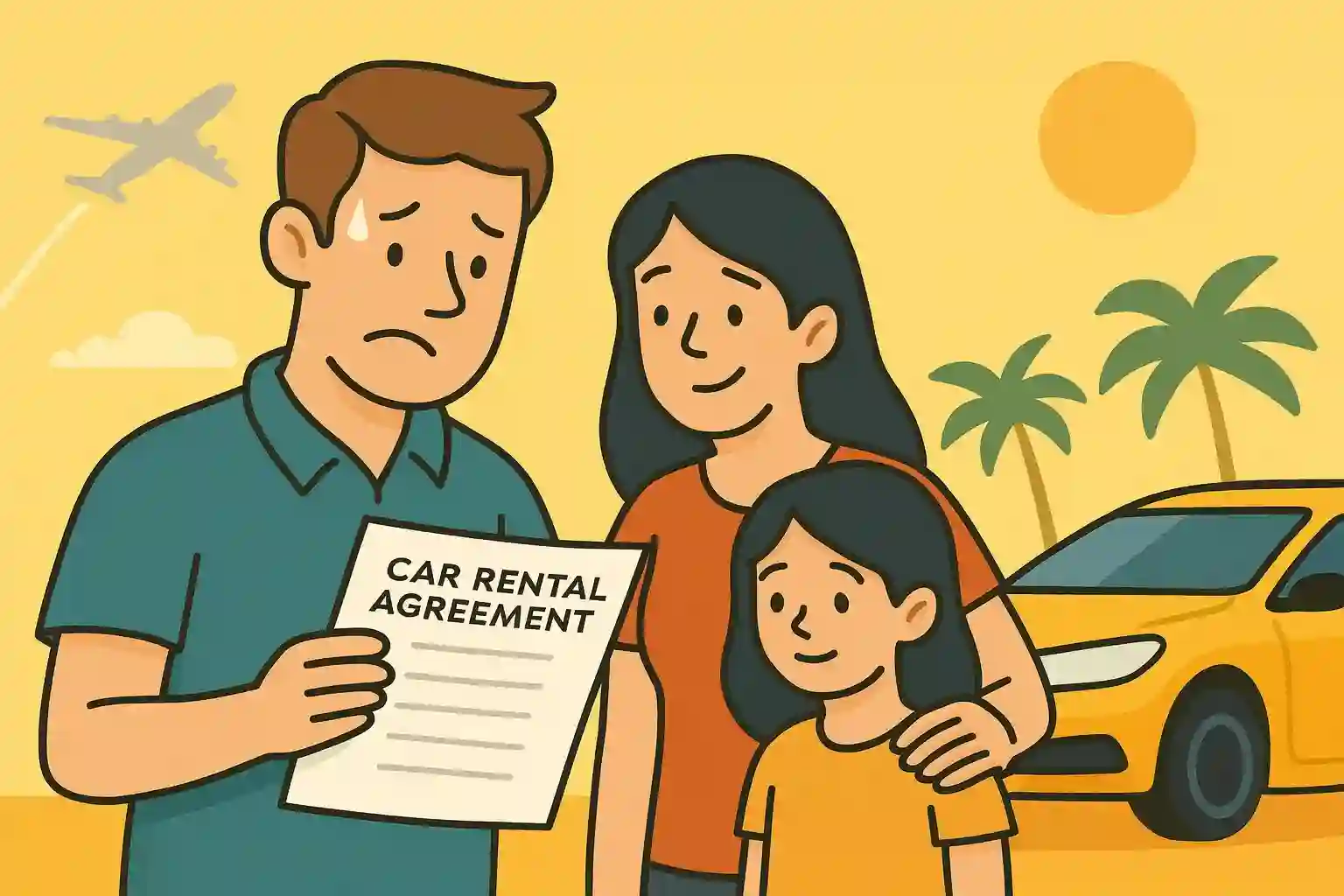 Family reading car rental agreement at airport
