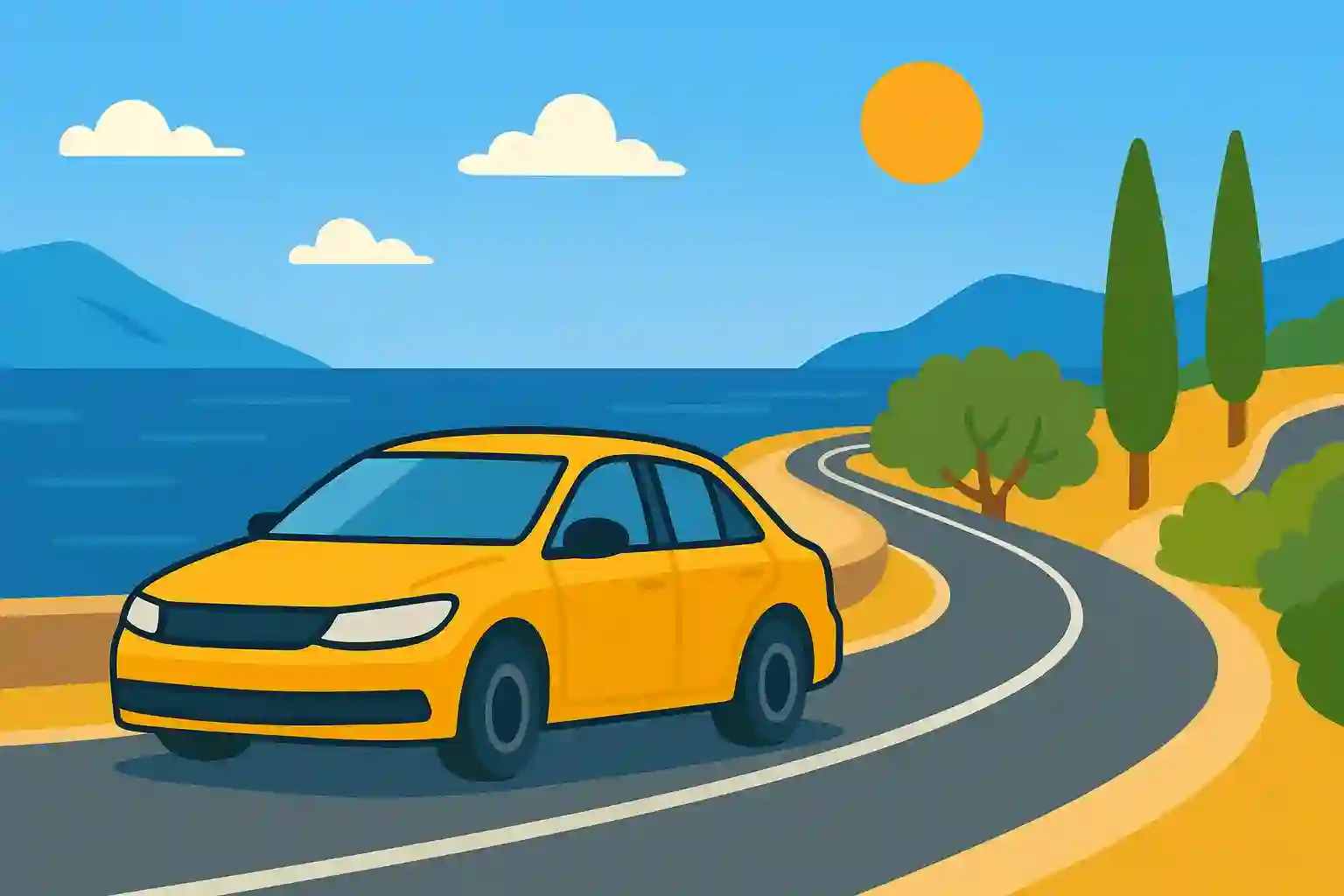 Auto en una carretera costera pintoresca en el Mediterráneo