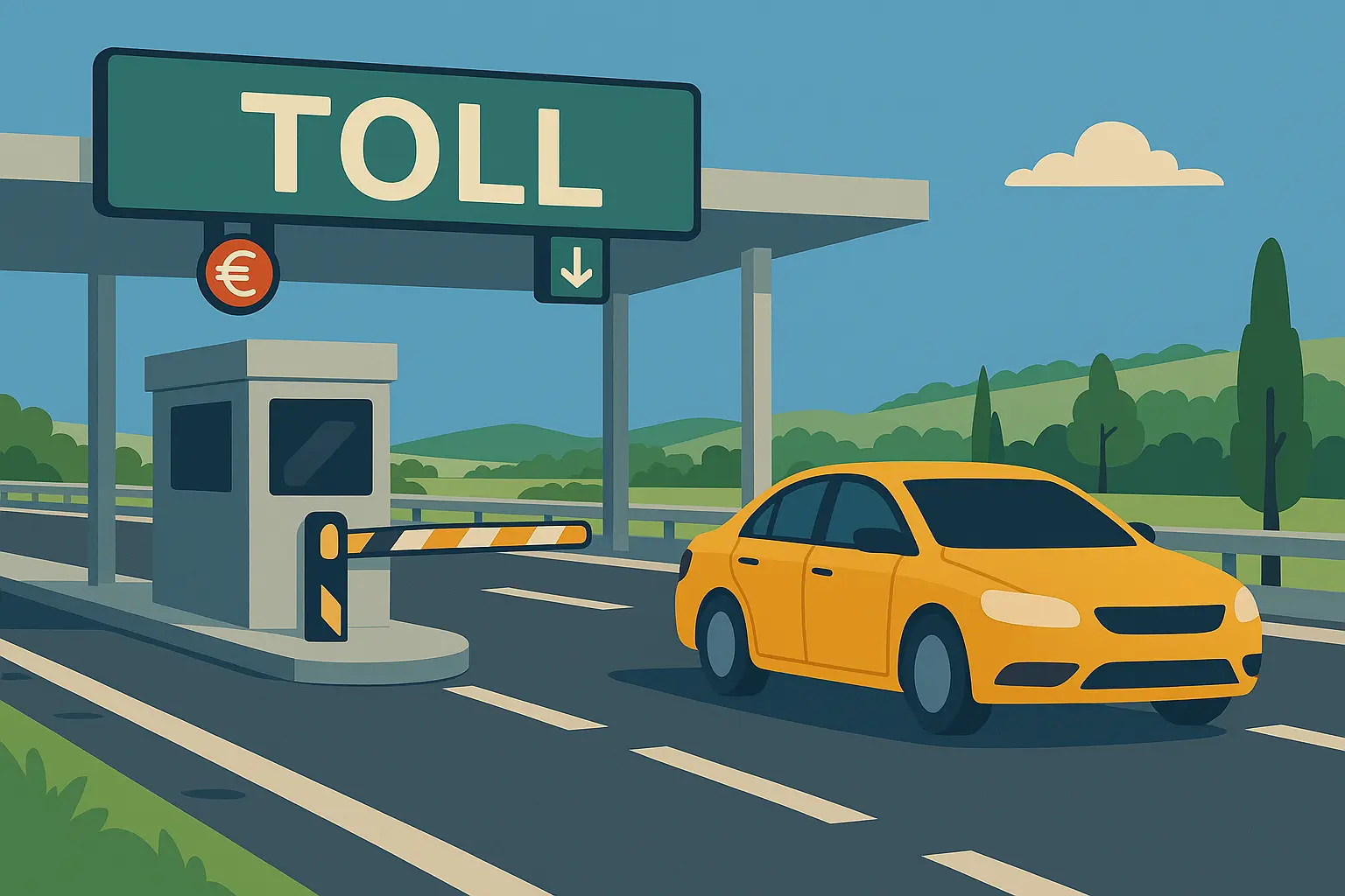 Coche pasando estación de peaje en autopista europea