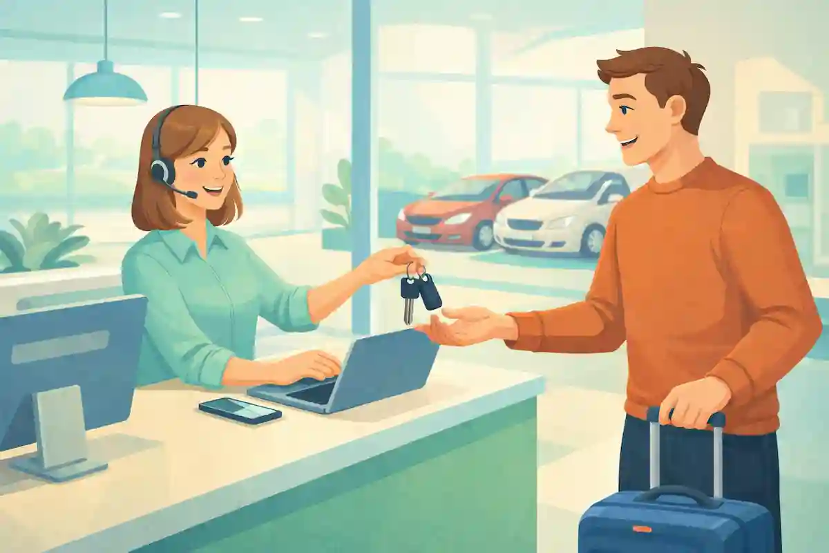 Client satisfait recevant les cl&eacute;s au comptoir de location