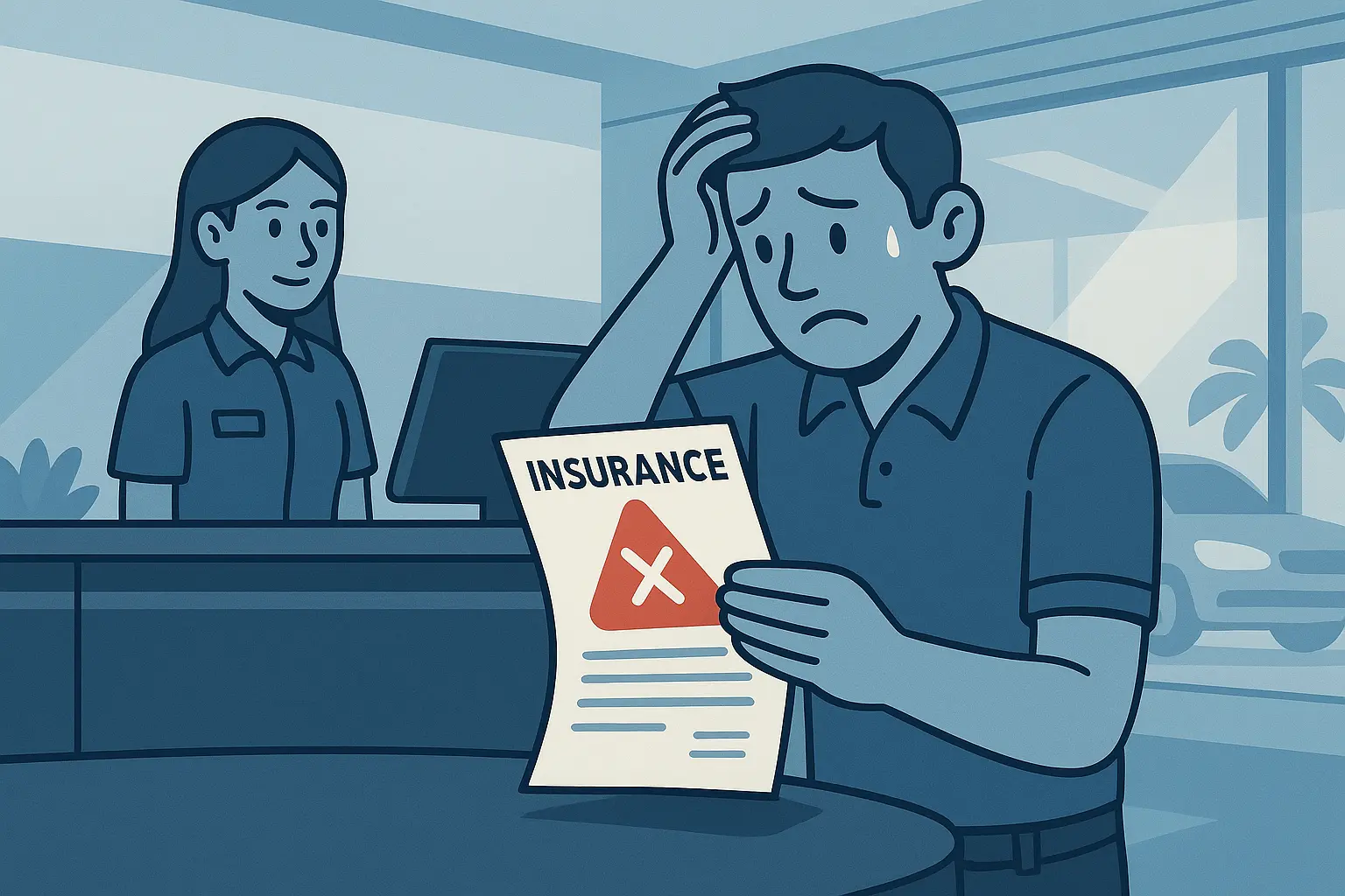 Personne préoccupée par les papiers d'assurance au comptoir de location