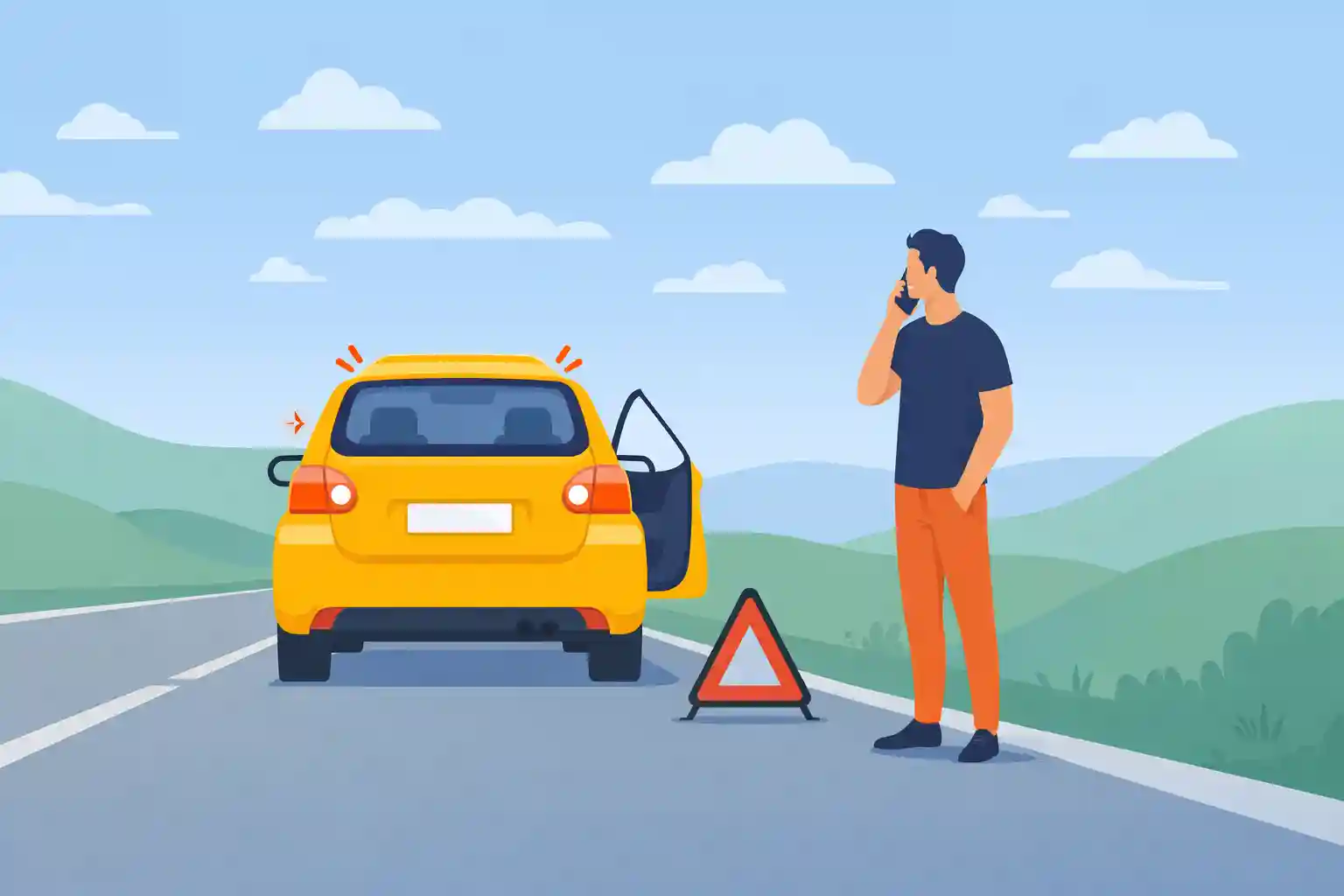 Bil med motorpanne på veisida